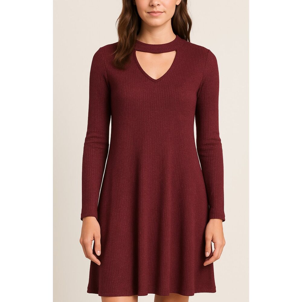 American Eagle Soft and Sexy Women's Maroon Ribbed Collared Keyhole Midi Dress s